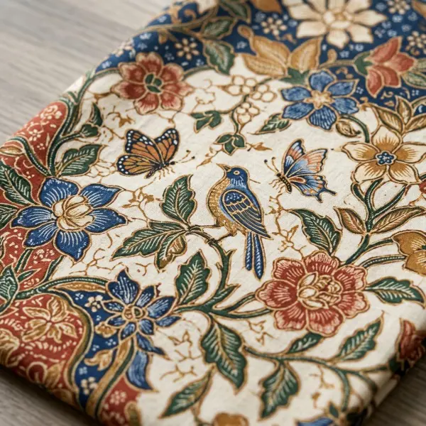 Detail motif bunga daun burung dan kupu-kupu pada Batik Tujuh Rupa