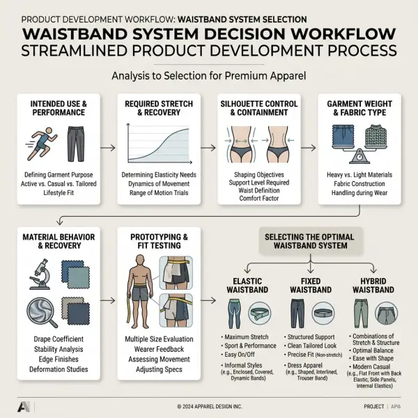 Decision workflow for choosing elastic fixed or hybrid waistband construction Decision workflow for choosing elastic fixed or hybrid waistband construction