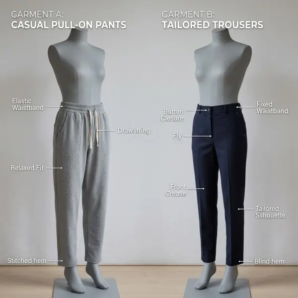 Elastic waistband and fixed waistband construction compared on casual and tailored garments Elastic waistband and fixed waistband construction compared on casual and tailored garments