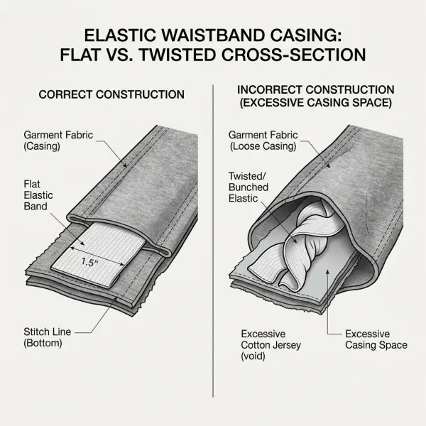 Twisted elastic waistband compared with correctly fitted elastic inside a casing