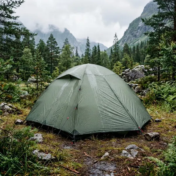 Flysheet terpasang di atas tenda untuk melindungi ruang dalam dari hujan dan angin Flysheet terpasang di atas tenda untuk melindungi ruang dalam dari hujan dan angin
