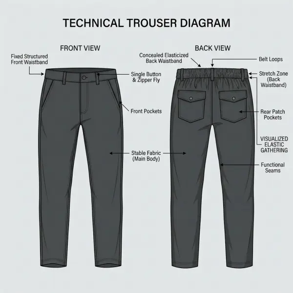 Hybrid waistband with fixed front and concealed elastic back construction Hybrid waistband with fixed front and concealed elastic back construction
