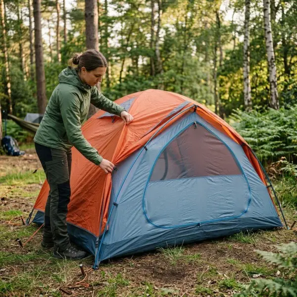 Flysheet dibentangkan dan dipasang di atas badan tenda