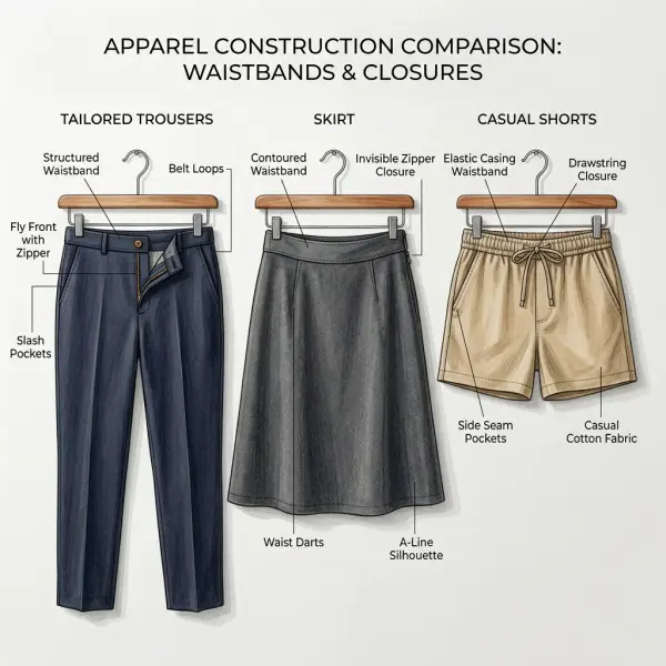 Comparison of waistband construction on trousers, skirt, and shorts
