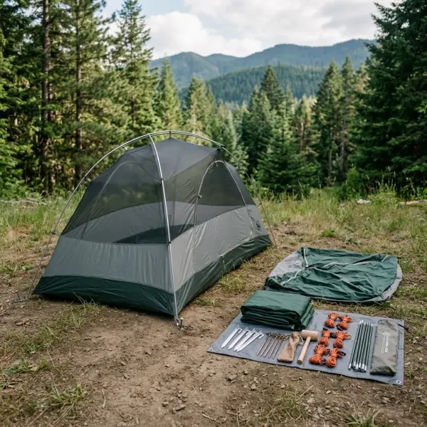 Persiapan flysheet dan perlengkapan tenda sebelum pemasangan