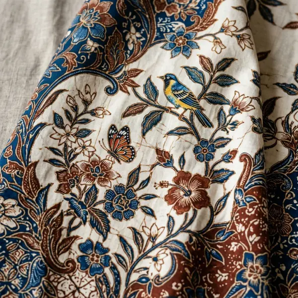 Detail susunan motif flora dan fauna pada kain batik Pekalongan Detail susunan motif flora dan fauna pada kain batik Pekalongan