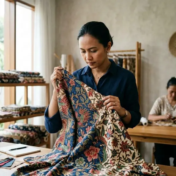 Pemeriksaan detail kain dan motif Batik Tujuh Rupa sebelum pengembangan produk Pemeriksaan detail kain dan motif Batik Tujuh Rupa sebelum pengembangan produk