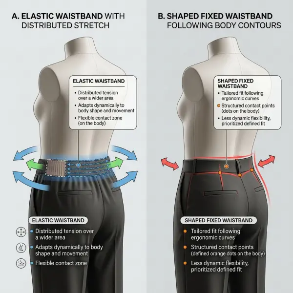 Illustration of how elastic and fixed waistbands distribute fit around the body Illustration of how elastic and fixed waistbands distribute fit around the body