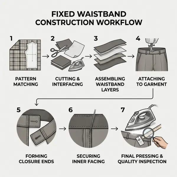 Step-by-step waistband construction workflow for trousers and skirts