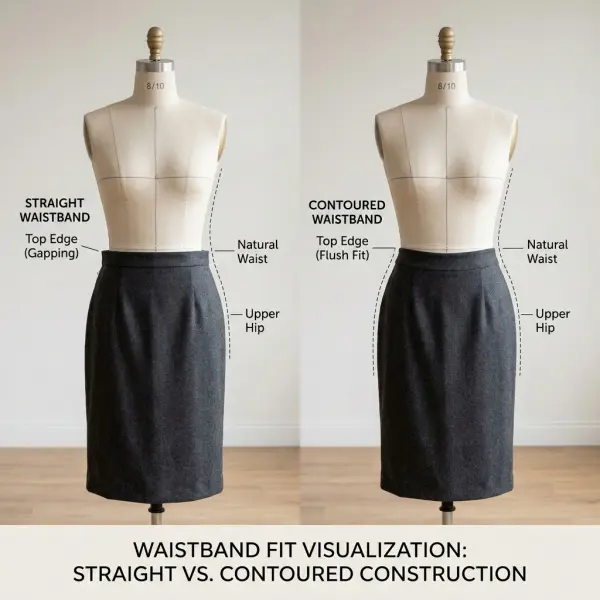 Garment waistband fit and body curvature around the waist and upper hip