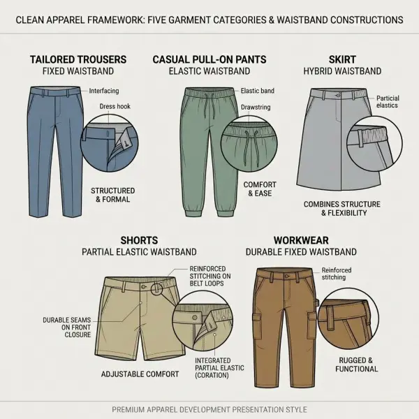 Elastic fixed and hybrid waistband applications across different garment categories Elastic fixed and hybrid waistband applications across different garment categories