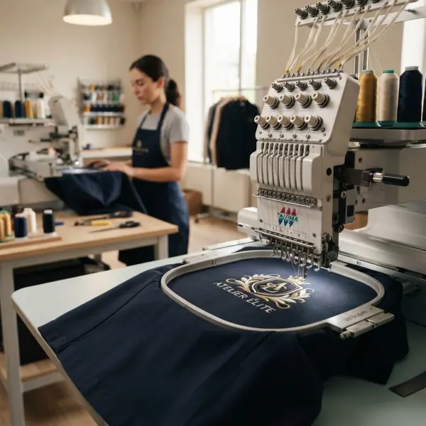 Computerized embroidery machine stitching a fashion logo onto apparel in a professional Computerized embroidery machine stitching a fashion logo onto apparel in a professional