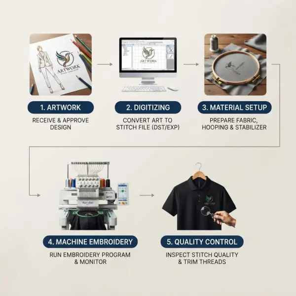 Workflow showing how artwork becomes computerized embroidery on apparel Workflow showing how artwork becomes computerized embroidery on apparel