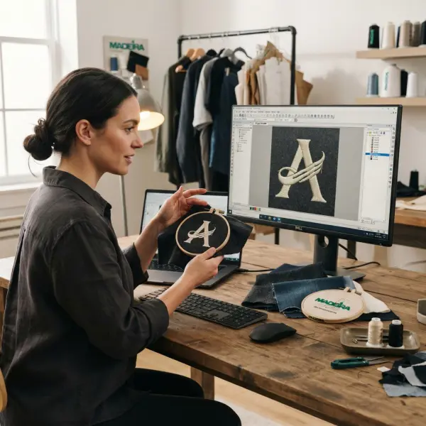Embroidery technician comparing a digital embroidery design with a physical stitch-out sample Embroidery technician comparing a digital embroidery design with a physical stitch-out sample