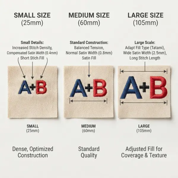 Comparison showing why embroidery designs require stitch recalculation when resized Comparison showing why embroidery designs require stitch recalculation when resized