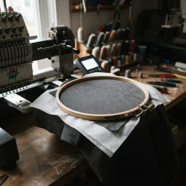 Fabric, stabilizer, and embroidery hoop prepared for computerized embroidery Fabric, stabilizer, and embroidery hoop prepared for computerized embroidery