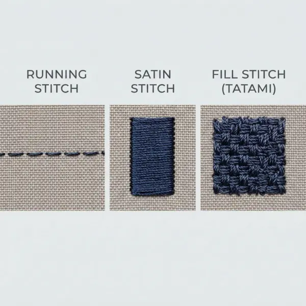 Comparison of running, satin, and fill stitches used in computerized embroidery Comparison of running, satin, and fill stitches used in computerized embroidery