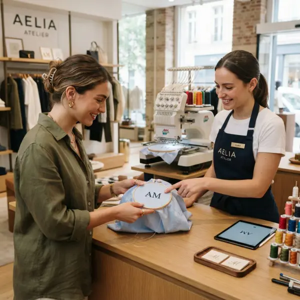 Customer receiving personalized embroidery service inside a fashion retail store