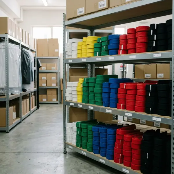 Penataan inventory sabuk taekwondo berdasarkan warna dan ukuran di gudang apparel Penataan inventory sabuk taekwondo berdasarkan warna dan ukuran di gudang apparel