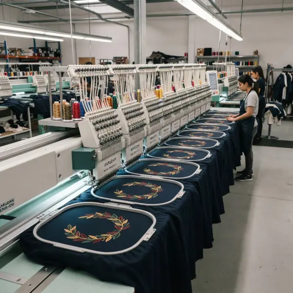 Multi-head computerized embroidery machine producing repeated apparel decorations Multi-head computerized embroidery machine producing repeated apparel decorations