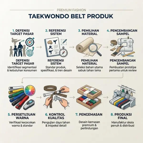 Proses pengembangan produk sabuk taekwondo dari sampel hingga pemeriksaan kualitas Proses pengembangan produk sabuk taekwondo dari sampel hingga pemeriksaan kualitas