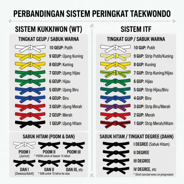 Perbandingan sistem tingkatan sabuk taekwondo berdasarkan organisasi Perbandingan sistem tingkatan sabuk taekwondo berdasarkan organisasi