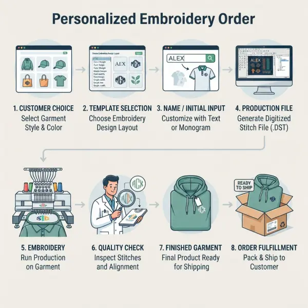 Workflow showing how personalized embroidery orders move from customer choice to finished garment
