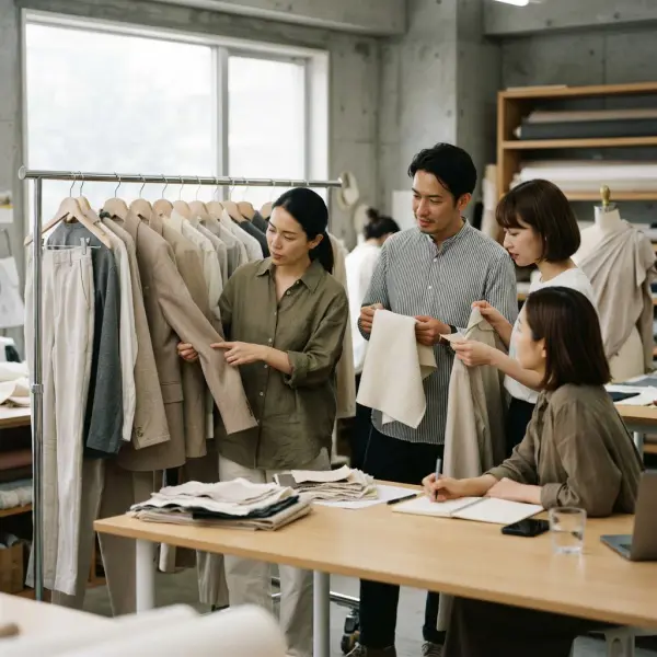 Tim pengembangan produk fashion mengevaluasi desain sederhana untuk koleksi recession core
