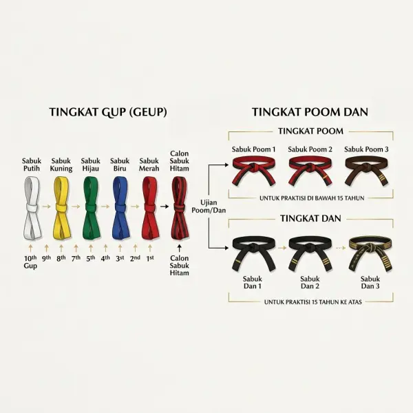Diagram perkembangan sistem tingkatan taekwondo dari geup menuju poom dan dan Diagram perkembangan sistem tingkatan taekwondo dari geup menuju poom dan dan