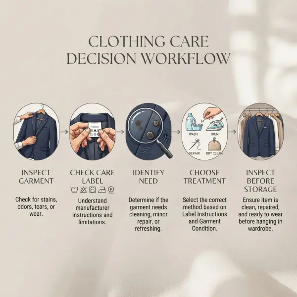 Simple decision framework for deciding when and how to care for a garment Simple decision framework for deciding when and how to care for a garment