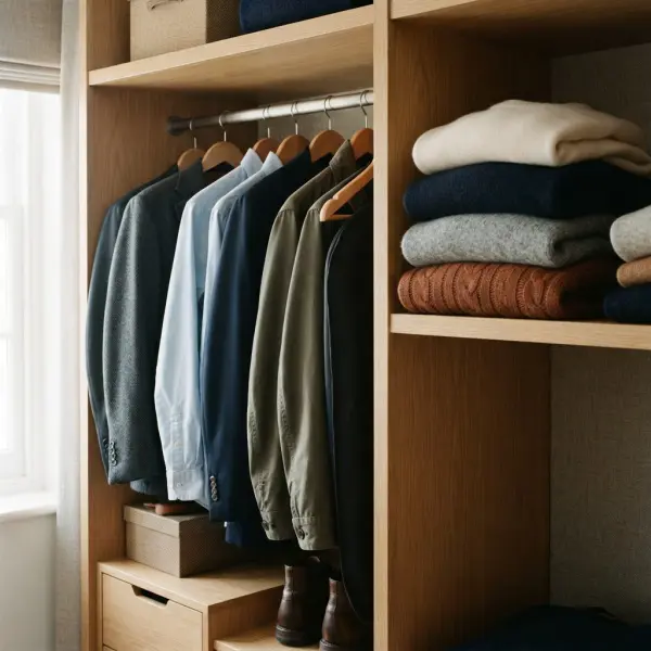 Comparison of structured garments on supportive hangers and knitwear folded for wardrobe storage