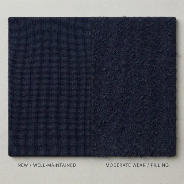 Detailed comparison of well-maintained fabric and fabric showing pilling and surface abrasion Detailed comparison of well-maintained fabric and fabric showing pilling and surface abrasion