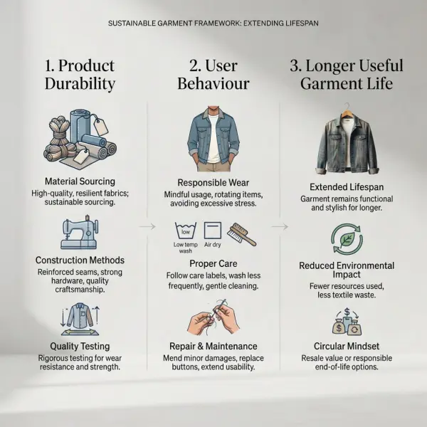 Framework showing how garment durability and user care combine to support longer clothing use