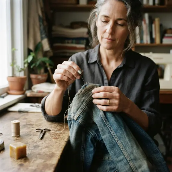 Well-worn favorite garment being repaired and prepared for continued everyday use