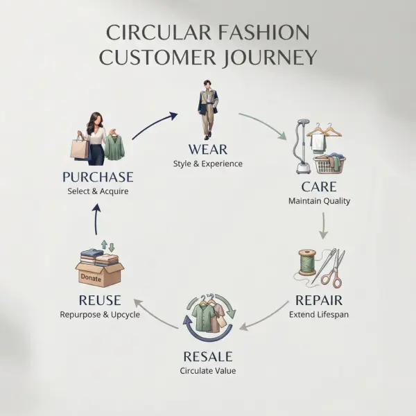 Fashion customer journey extending from purchase into care repair resale and reuse