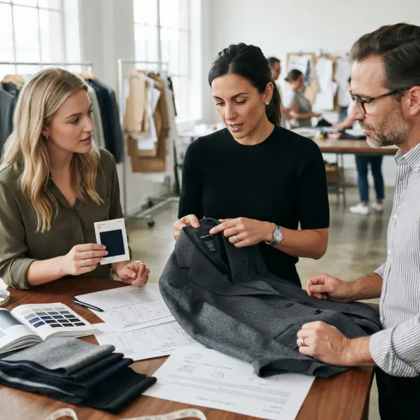 Fashion brand product team reviewing garment care instructions and construction details Fashion brand product team reviewing garment care instructions and construction details