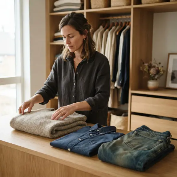 Fashion consumer caring for well-used garments as part of a thoughtful everyday wardrobe