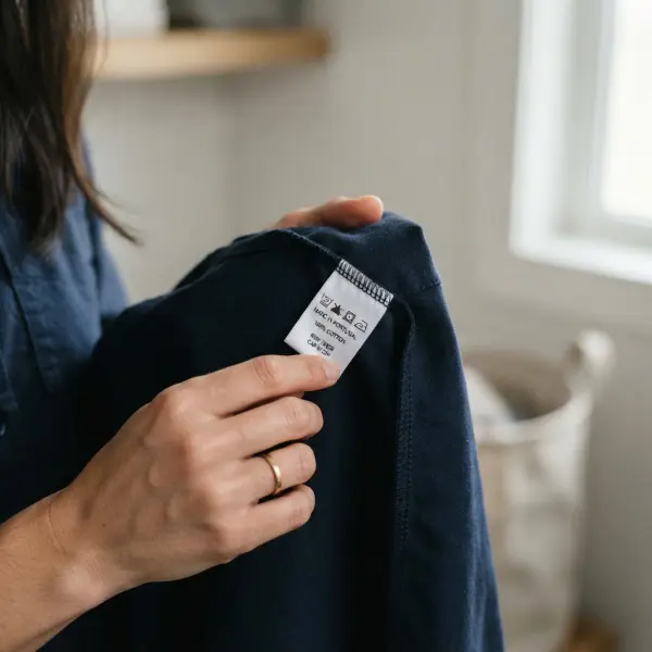 Close-up of a garment care label being checked before laundering Close-up of a garment care label being checked before laundering