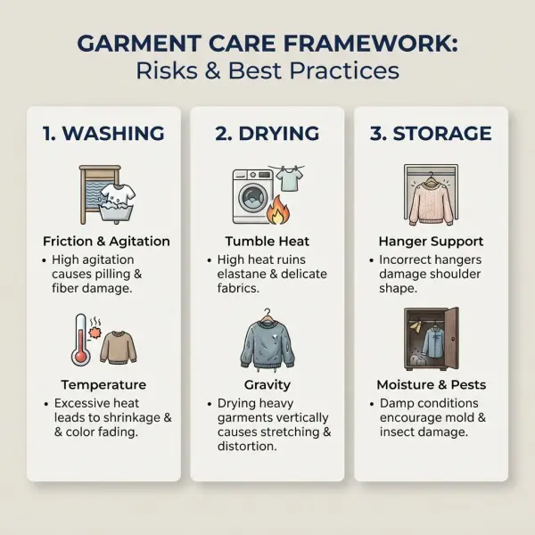 Washing drying and storage framework showing different garment risks at each clothing care stage