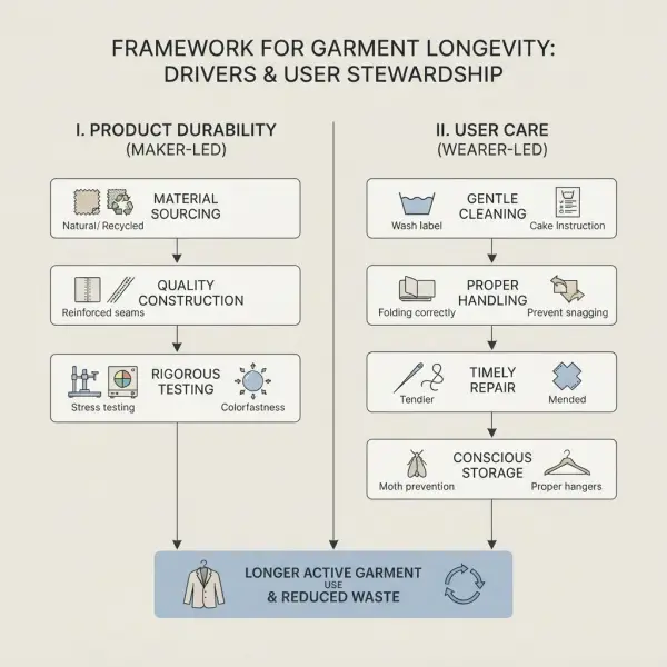 Diagram showing how product durability and clothing care combine to influence garment longevity Diagram showing how product durability and clothing care combine to influence garment longevity