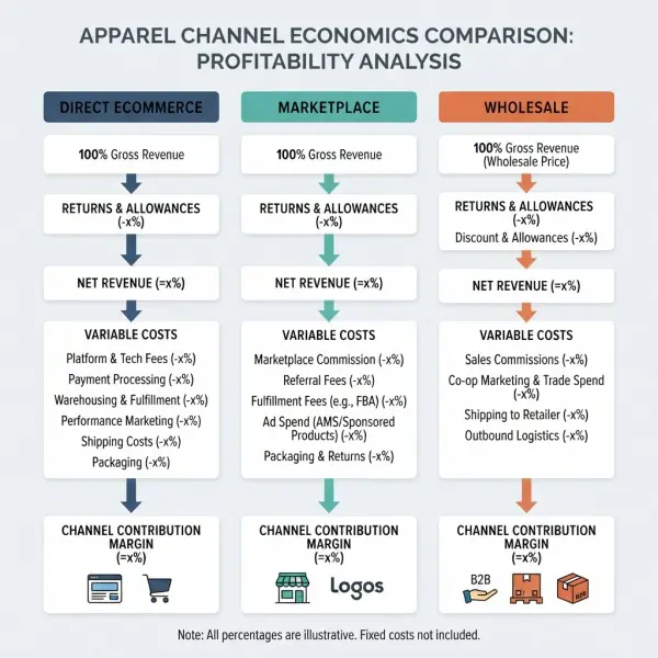 Contribution margin comparison across ecommerce marketplace and wholesale fashion channels