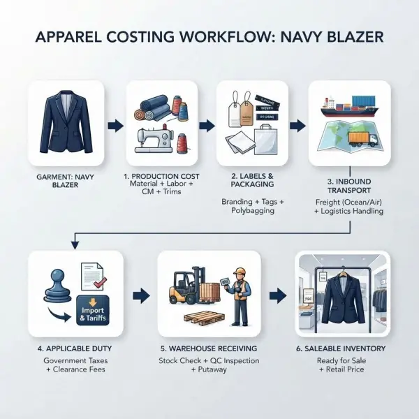 Apparel landed cost components from garment production to warehouse inventory