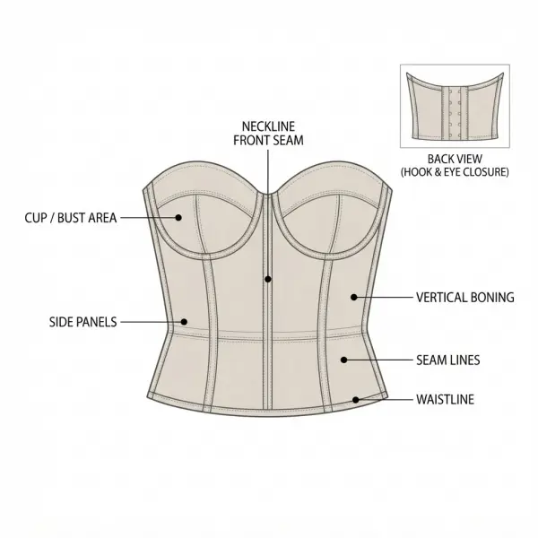 Diagram bagian bustier yang menunjukkan neckline, bust area, panel torso, seam, boning, dan fastening