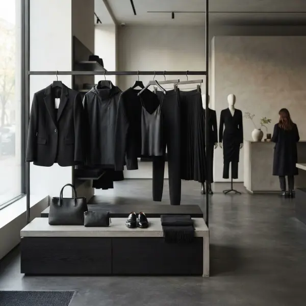 Koleksi fashion berwarna hitam pekat dalam ruang retail dengan identitas visual konsisten Koleksi fashion berwarna hitam pekat dalam ruang retail dengan identitas visual konsisten