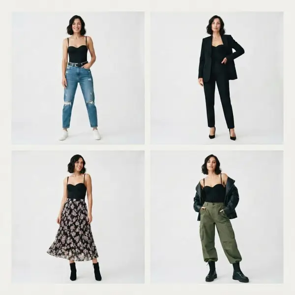 Berbagai inspirasi outfit bustier dengan celana, rok, blazer, dan outerwear