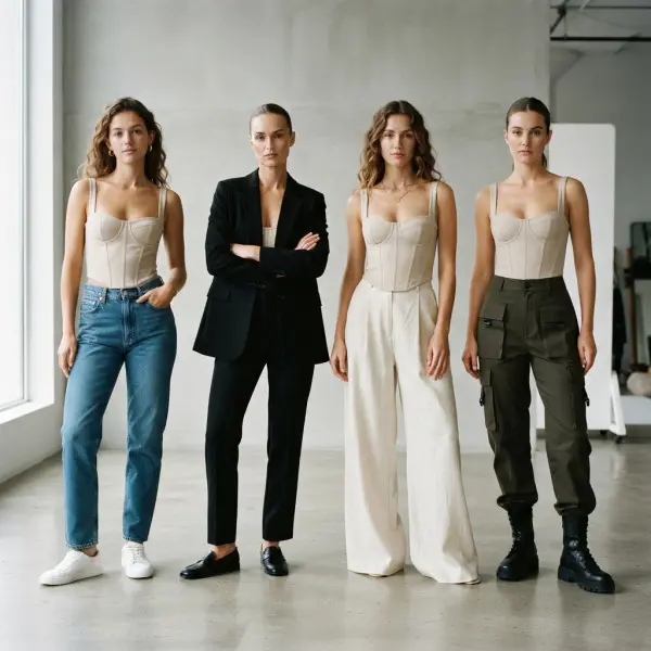 Empat cara memadukan bustier dengan jeans, tailored pants, wide-leg pants, dan cargo pants
