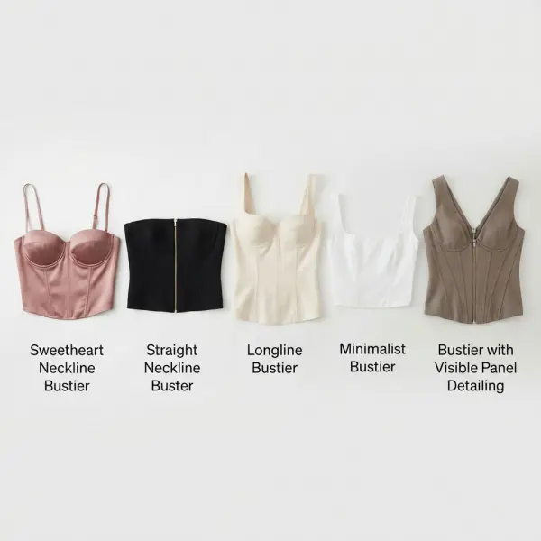 Variasi desain bustier berdasarkan neckline, panjang, material, dan detail konstruksi