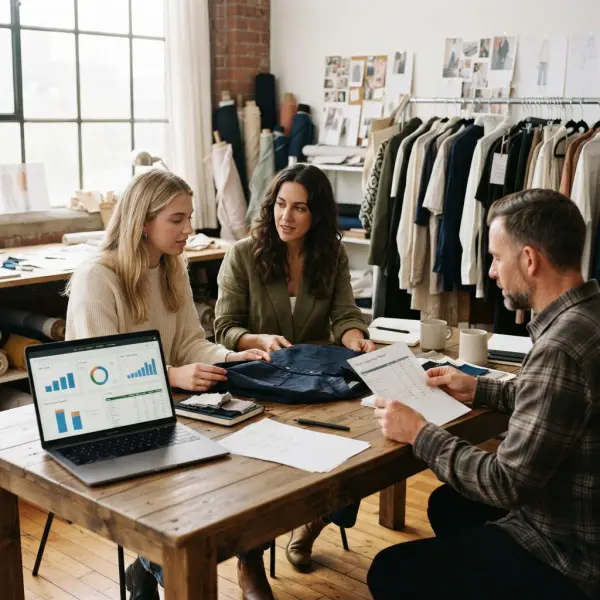 Fashion brand team reviewing product contribution margins and sales decisions