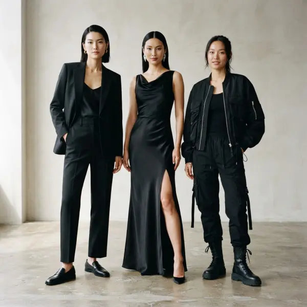 Koleksi fashion kontemporer yang menunjukkan beragam karakter visual warna hitam Koleksi fashion kontemporer yang menunjukkan beragam karakter visual warna hitam