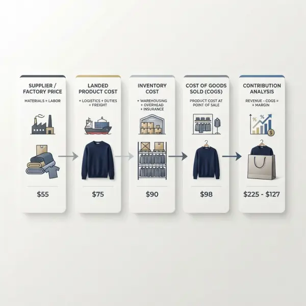 Fashion product cost layers from factory price to cost of goods sold and contribution analysis